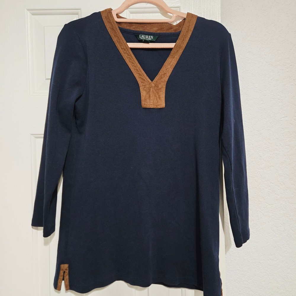 Lauren Ralph Lauren Navy Blue Suede Trim V Neck Tunic Top Women's Size L